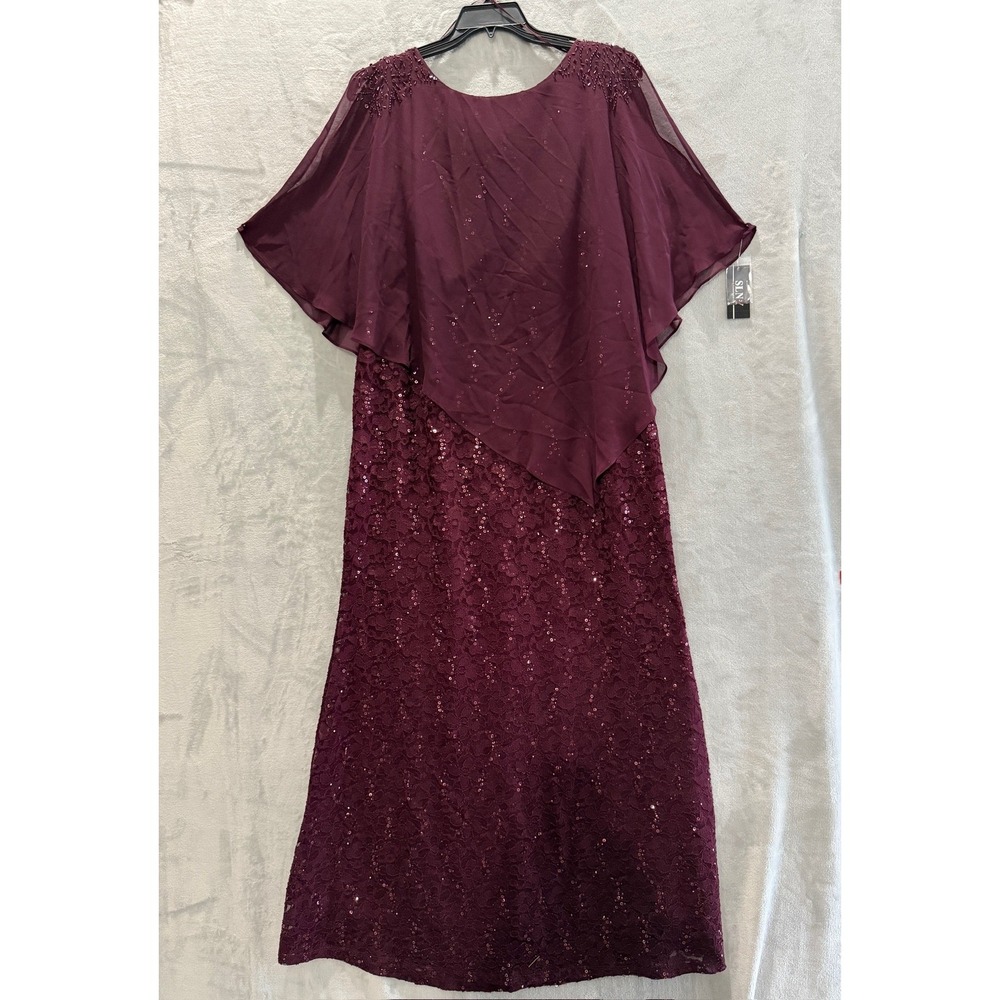 NWT SLNY Evening Gown Women Plum Sequin Lace Chiffon Cape Overlay Dress 14W $169 - Picture 4 of 16